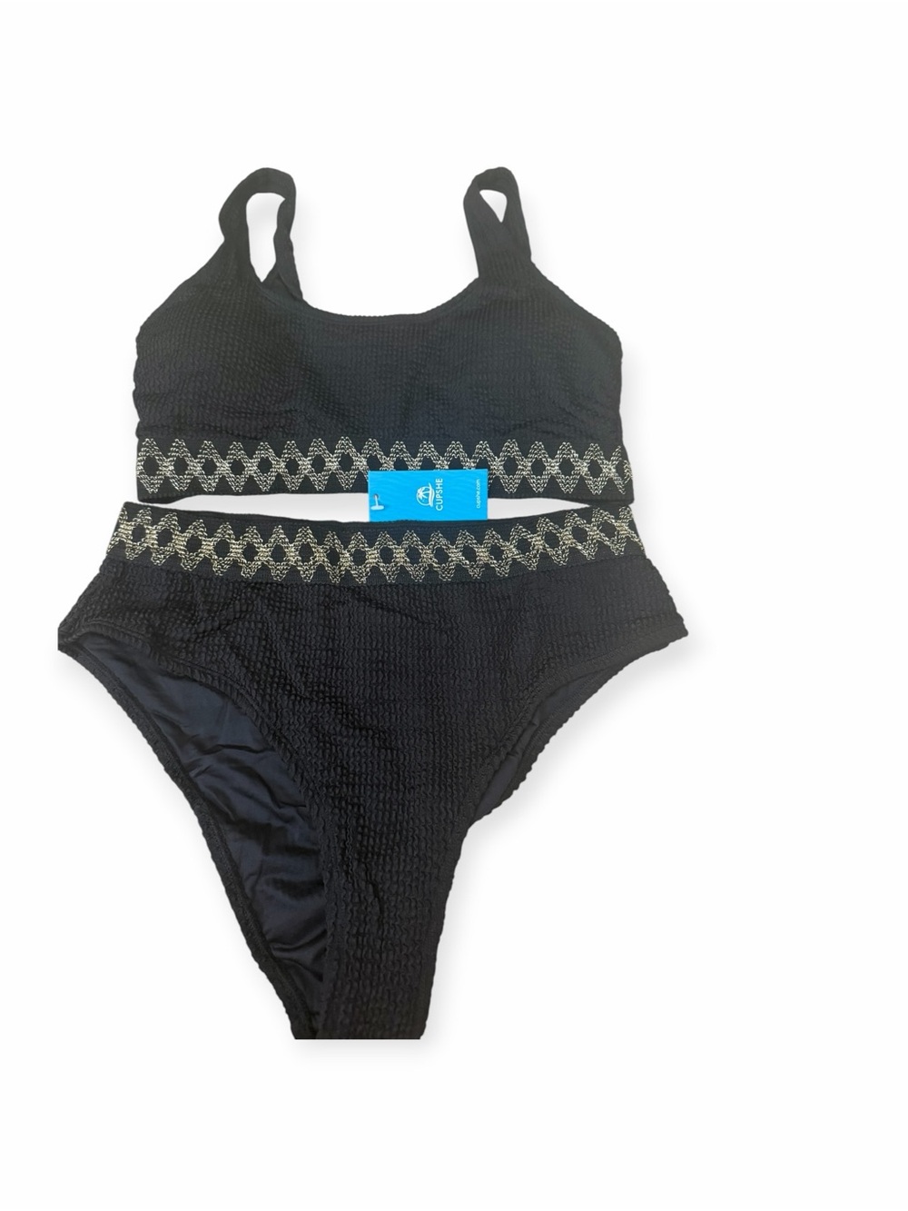 Cupshe Black Textured Gold Trim High Waist Bikini Large NWT
